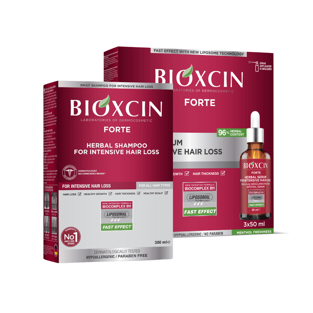 Rinkinys BIOXCIN FORTE nuo intensyvaus plaukų slinkimo: serumas 50 ml x 3 vnt. + šampūnas, 300 ml - Plaukui.lt
