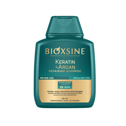 BIOXSINE atstatomasis plaukų šampūnas su keratinu ir argano aliejumi nuo plaukų slinkimo, 300 ml - Plaukui.lt