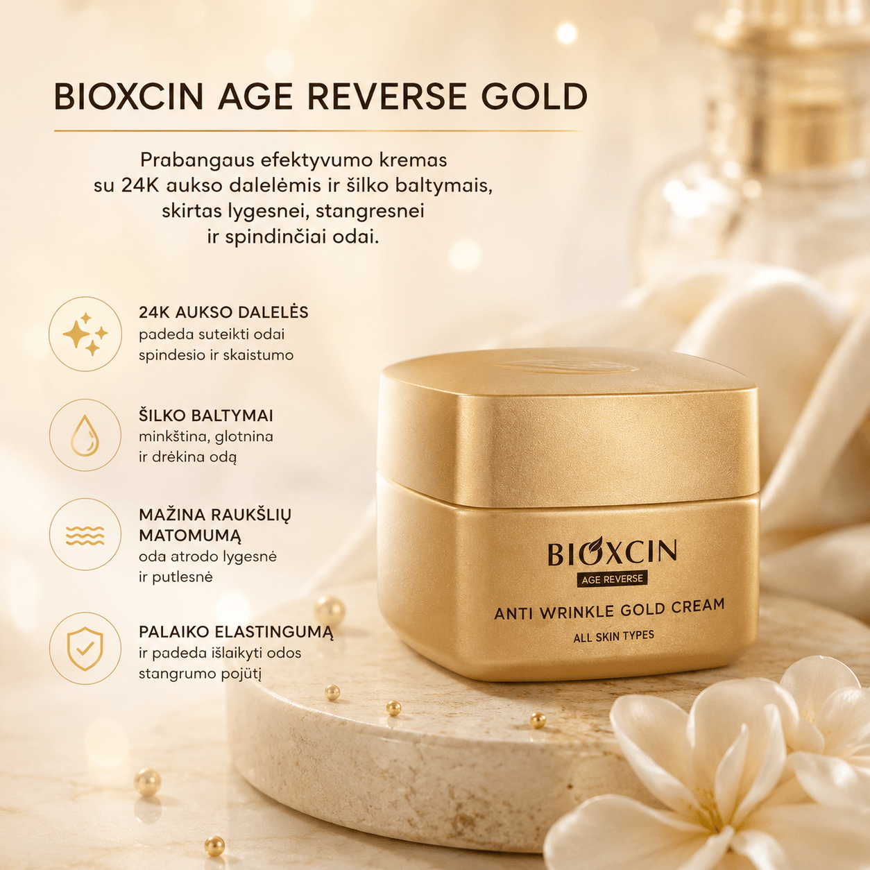 1+1 BIOXCIN AGE REVERSE GOLD veido kremas su aukso dulkėmis, nuo raukšlių, 50 ml - Plaukui.lt