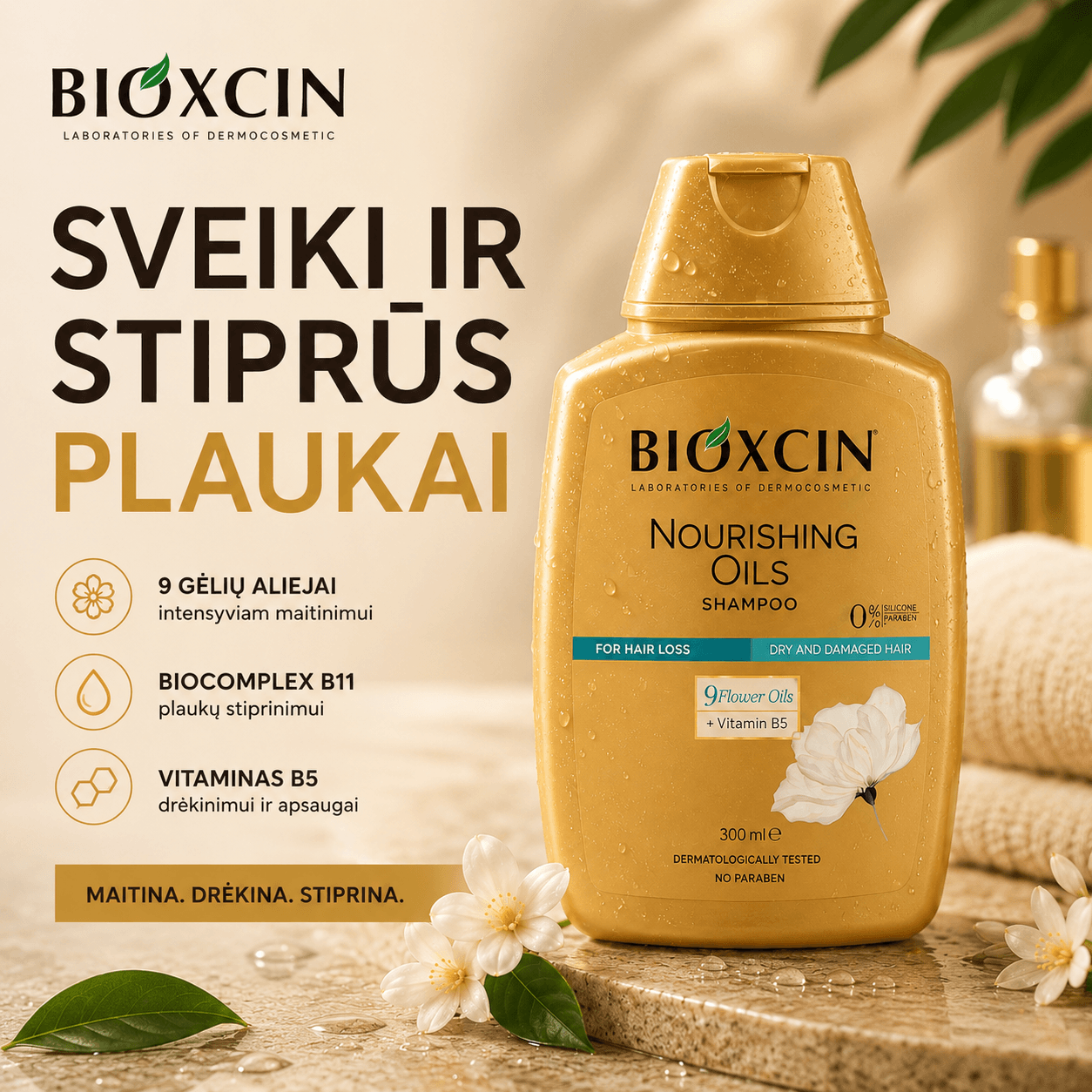 1+1 BIOXCIN maitinantis šampūnas nuo plaukų slinkimo su gėlių aliejais, 300 ml - Plaukui.lt