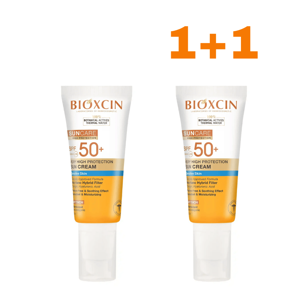1+1 BIOXCIN SUNCARE apsauginis veido ir kūno kremas nuo saulės jautriai odai SPF 50+, 50 ml - Plaukui.lt