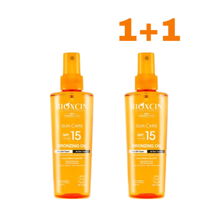 1+1 BIOXCIN SUNCARE bronzinį įdegį skatinantis aliejus SPF15, 200 ml - Plaukui.lt
