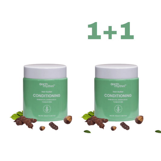 1+1 Earth Rhythm sviestinis plaukų kondicionierius su kinrože, akacijom ir tamarindu, 100 ml - Plaukui.lt