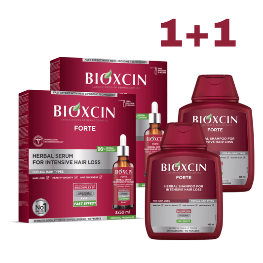1+1 Rinkinys BIOXCIN FORTE nuo intensyvaus plaukų slinkimo: serumas 50 ml x 3 vnt. + šampūnas, 300 ml - Plaukui.lt