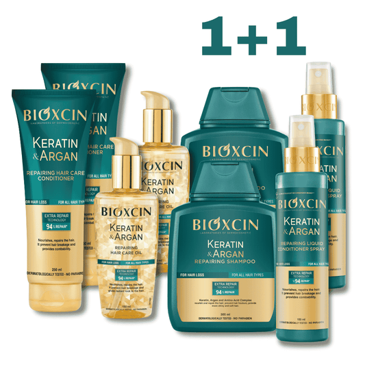 1+1 Rinkinys BIOXCIN Keratin & Argan plaukų atstatymui ir stiprinimui - Plaukui.lt