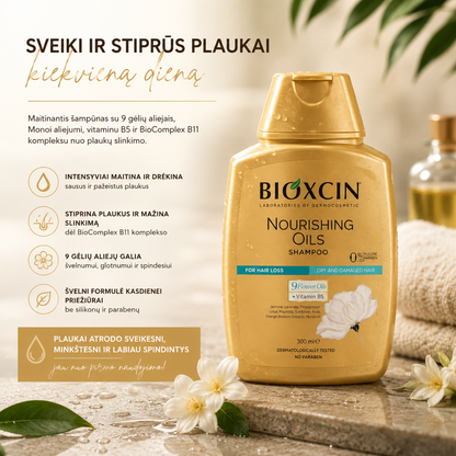 BIOXCIN maitinantis šampūnas nuo plaukų slinkimo su gėlių aliejais, 300 ml