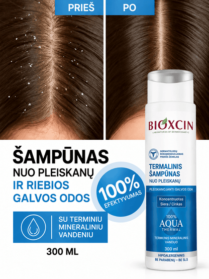 BIOXCIN rinkinys pleiskanojančiai galvos odai: AQUA Thermal šampūnai: 300 ml + DS 200 ml + COLLAGEN & BIOTIN puršk. kondic. 200 ml - Plaukui.lt