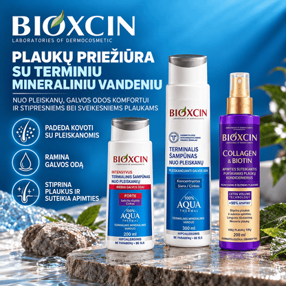 BIOXCIN rinkinys pleiskanojančiai galvos odai: AQUA Thermal šampūnai: 300 ml + DS 200 ml + COLLAGEN & BIOTIN puršk. kondic. 200 ml - Plaukui.lt