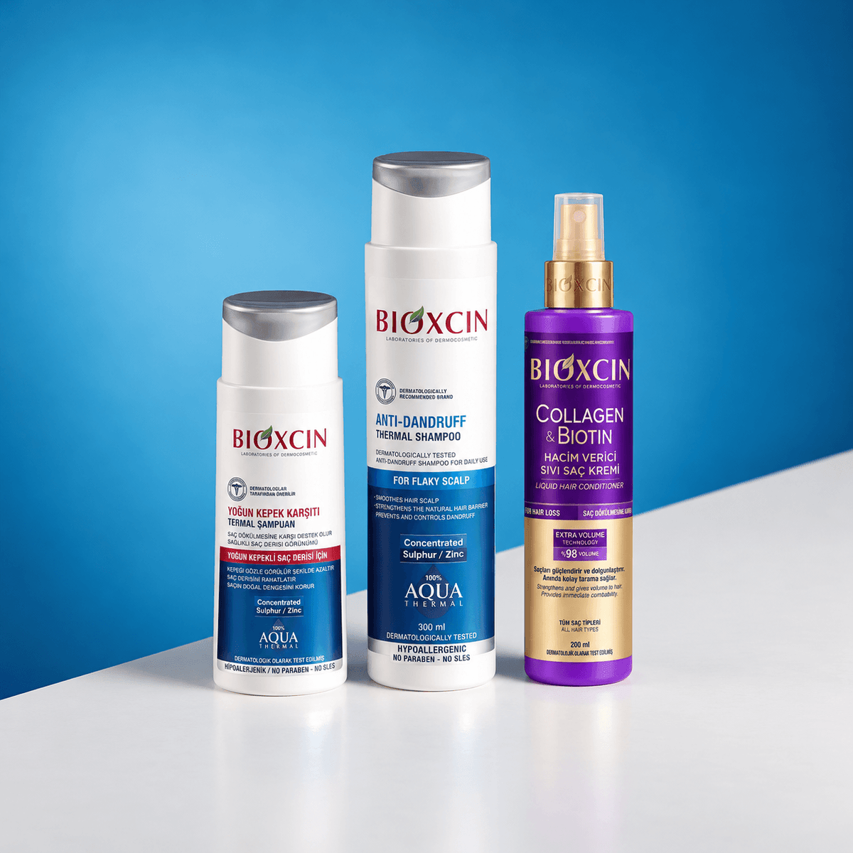 BIOXCIN rinkinys pleiskanojančiai galvos odai: AQUA Thermal šampūnai: 300 ml + DS 200 ml + COLLAGEN & BIOTIN puršk. kondic. 200 ml - Plaukui.lt