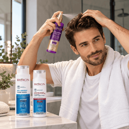 BIOXCIN rinkinys pleiskanojančiai galvos odai: AQUA Thermal šampūnai: 300 ml + DS 200 ml + COLLAGEN & BIOTIN puršk. kondic. 200 ml - Plaukui.lt