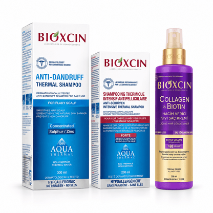 BIOXCIN rinkinys pleiskanojančiai galvos odai: AQUA Thermal šampūnai: 300 ml + DS 200 ml + COLLAGEN & BIOTIN puršk. kondic. 200 ml - Plaukui.lt
