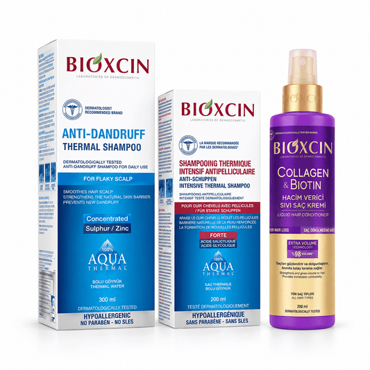 BIOXCIN rinkinys pleiskanojančiai galvos odai: AQUA Thermal šampūnai: 300 ml + DS 200 ml + COLLAGEN & BIOTIN puršk. kondic. 200 ml - Plaukui.lt