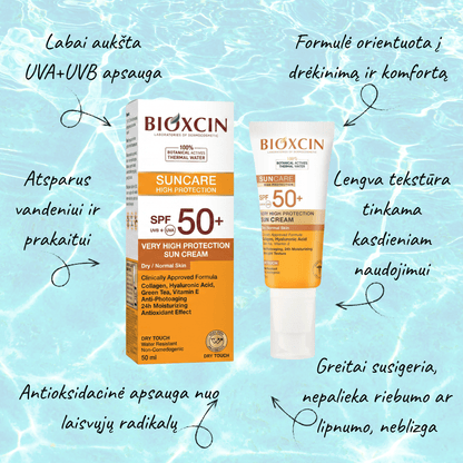 BIOXCIN SUNCARE apsauginis veido ir kūno kremas nuo saulės normaliai ir sausai odai SPF 50+, 50 ml - Plaukui.lt