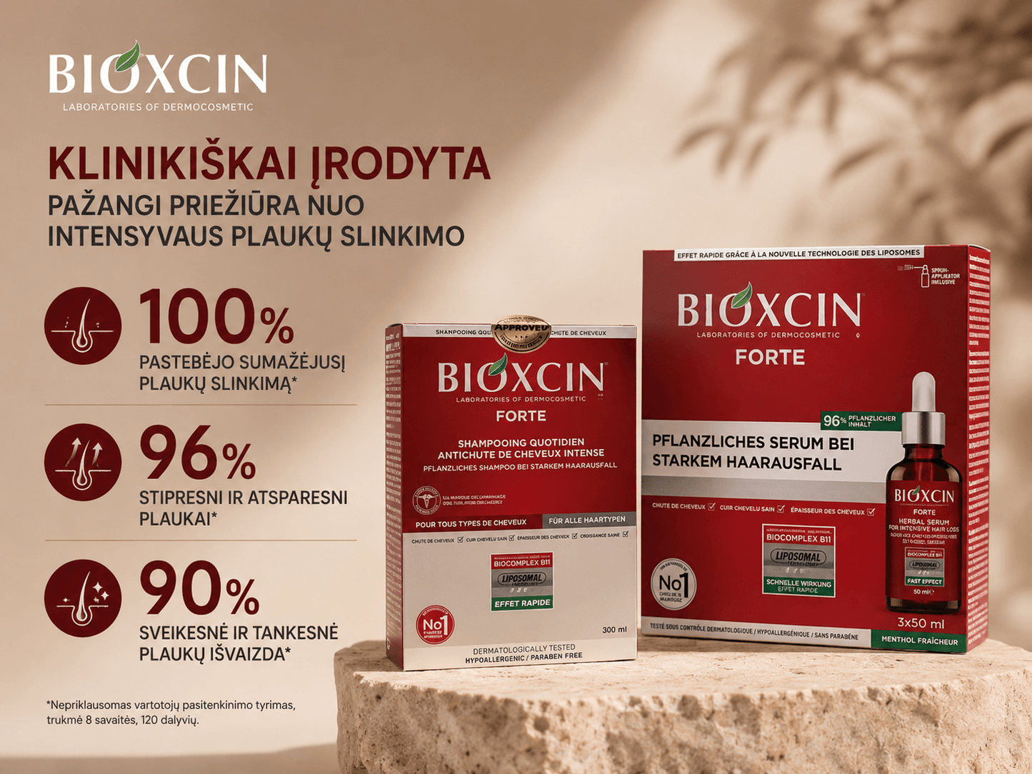 Rinkinys BIOXCIN FORTE nuo intensyvaus plaukų slinkimo: serumas 50 ml x 3 vnt. + šampūnas, 300 ml - Plaukui.lt