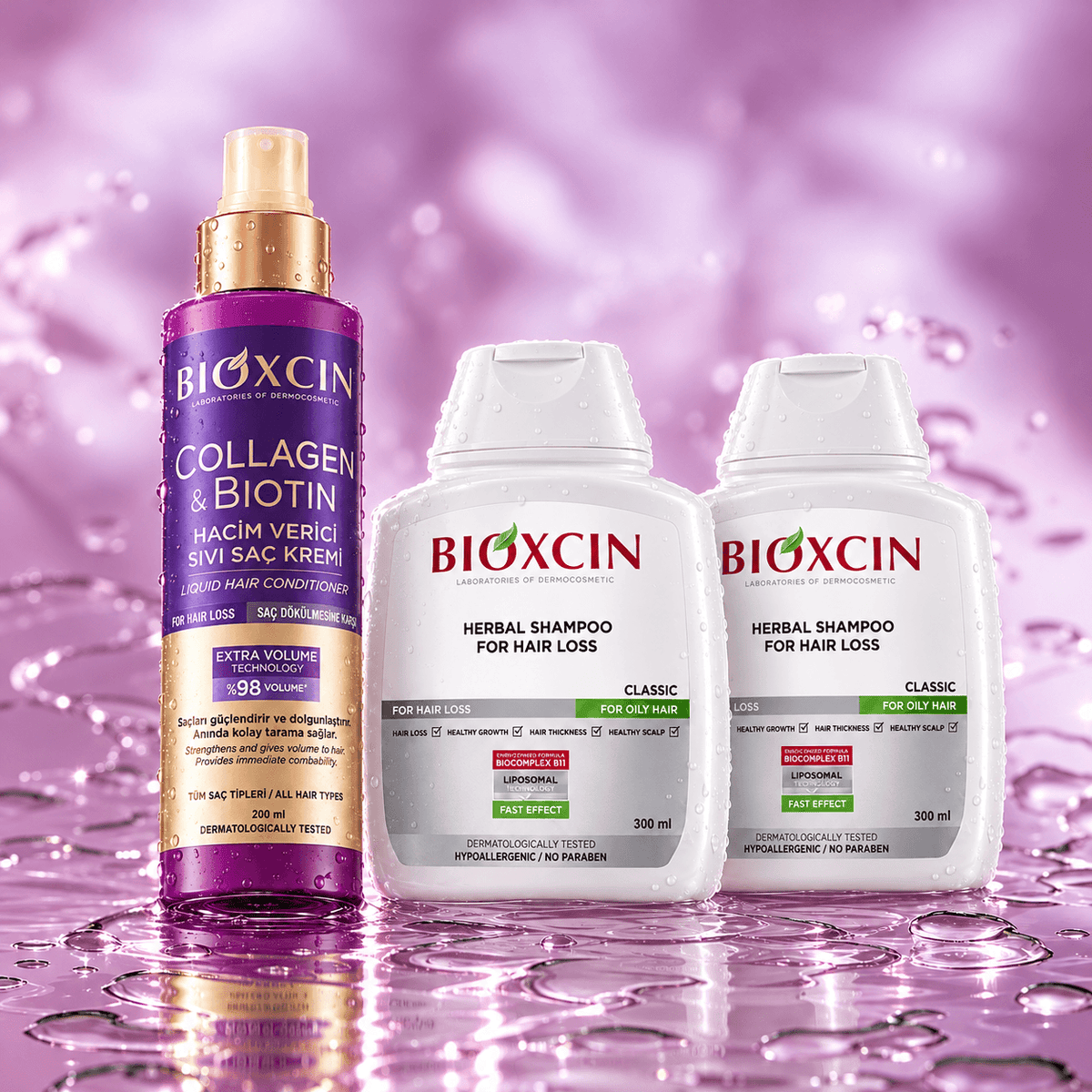 Rinkinys BIOXCIN riebiems plaukams: 2 x šampūnai 300 ml + COLLAGEN & BIOTIN purškiamas kondicionierius 200 ml - Plaukui.lt