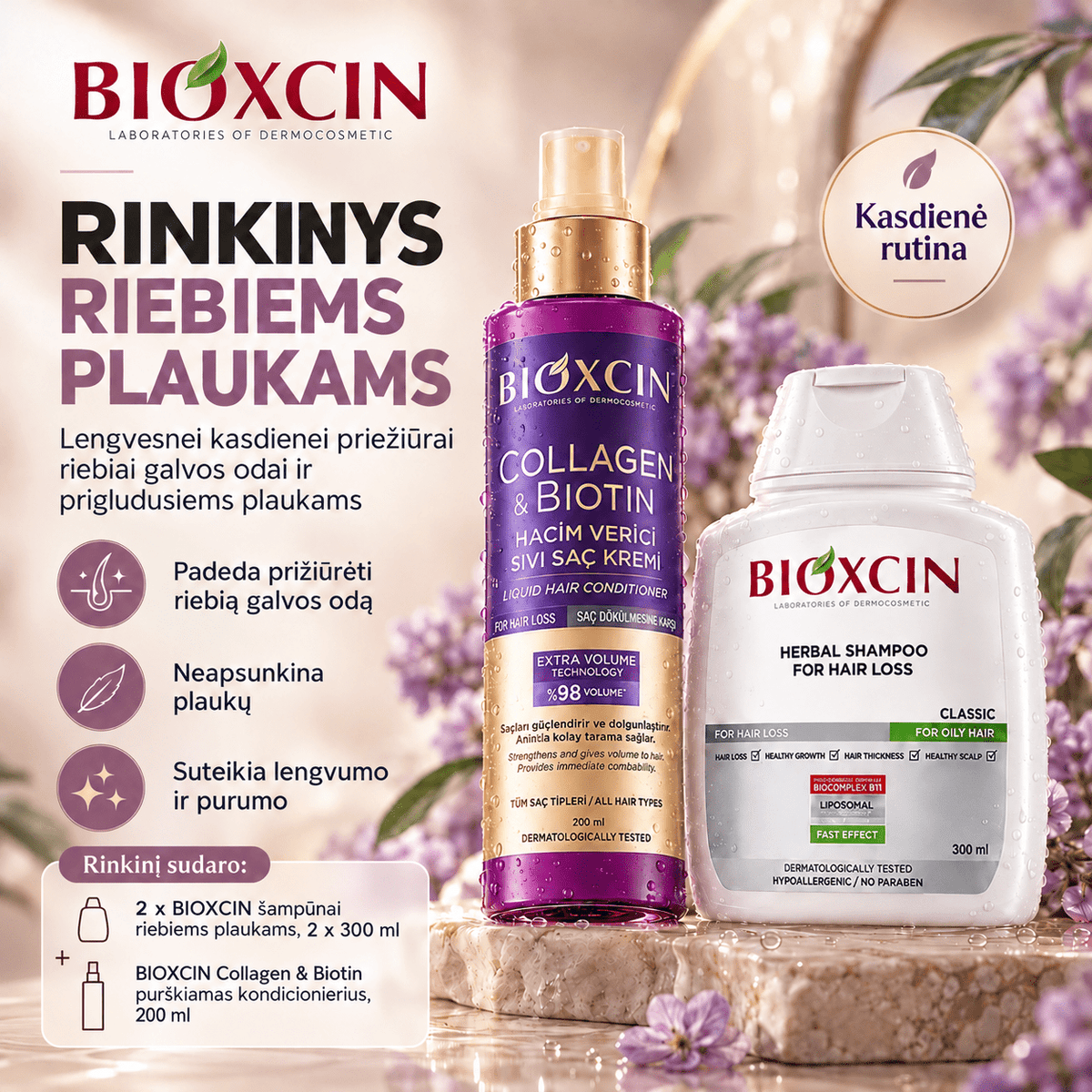Rinkinys BIOXCIN riebiems plaukams: 2 x šampūnai 300 ml + COLLAGEN & BIOTIN purškiamas kondicionierius 200 ml - Plaukui.lt