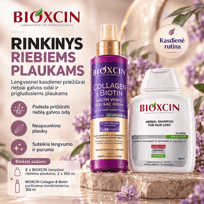 Rinkinys BIOXCIN riebiems plaukams: 2 x šampūnai 300 ml + COLLAGEN & BIOTIN purškiamas kondicionierius 200 ml - Plaukui.lt
