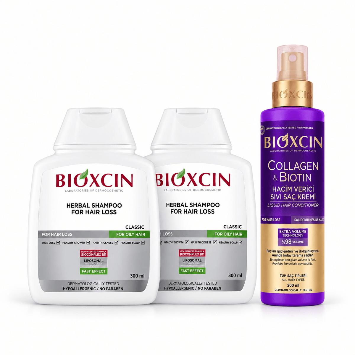 Rinkinys BIOXCIN riebiems plaukams: 2 x šampūnai 300 ml + COLLAGEN & BIOTIN purškiamas kondicionierius 200 ml - Plaukui.lt