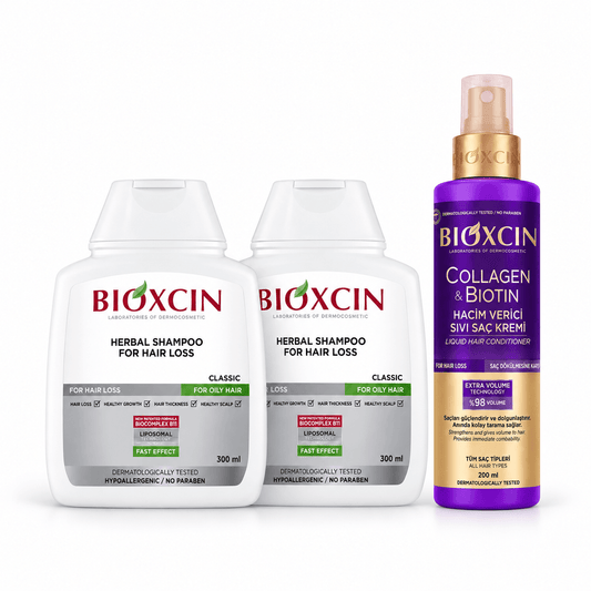 Rinkinys BIOXCIN riebiems plaukams: 2 x šampūnai 300 ml + COLLAGEN & BIOTIN purškiamas kondicionierius 200 ml - Plaukui.lt