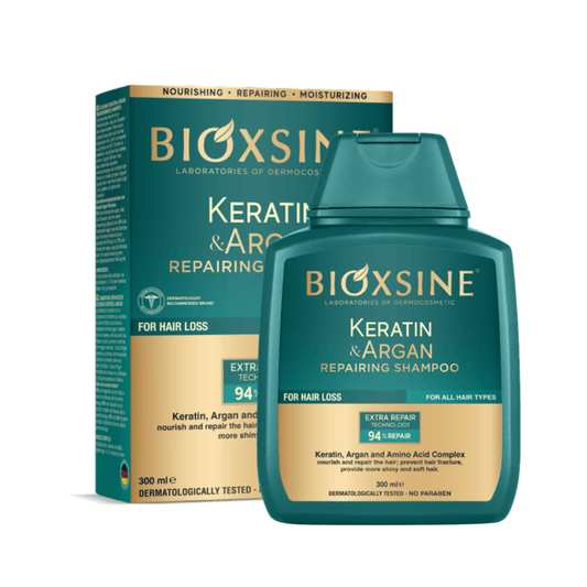 BIOXSINE atstatomasis plaukų šampūnas su keratinu ir argano aliejumi nuo plaukų slinkimo, 300 ml - Plaukui.lt